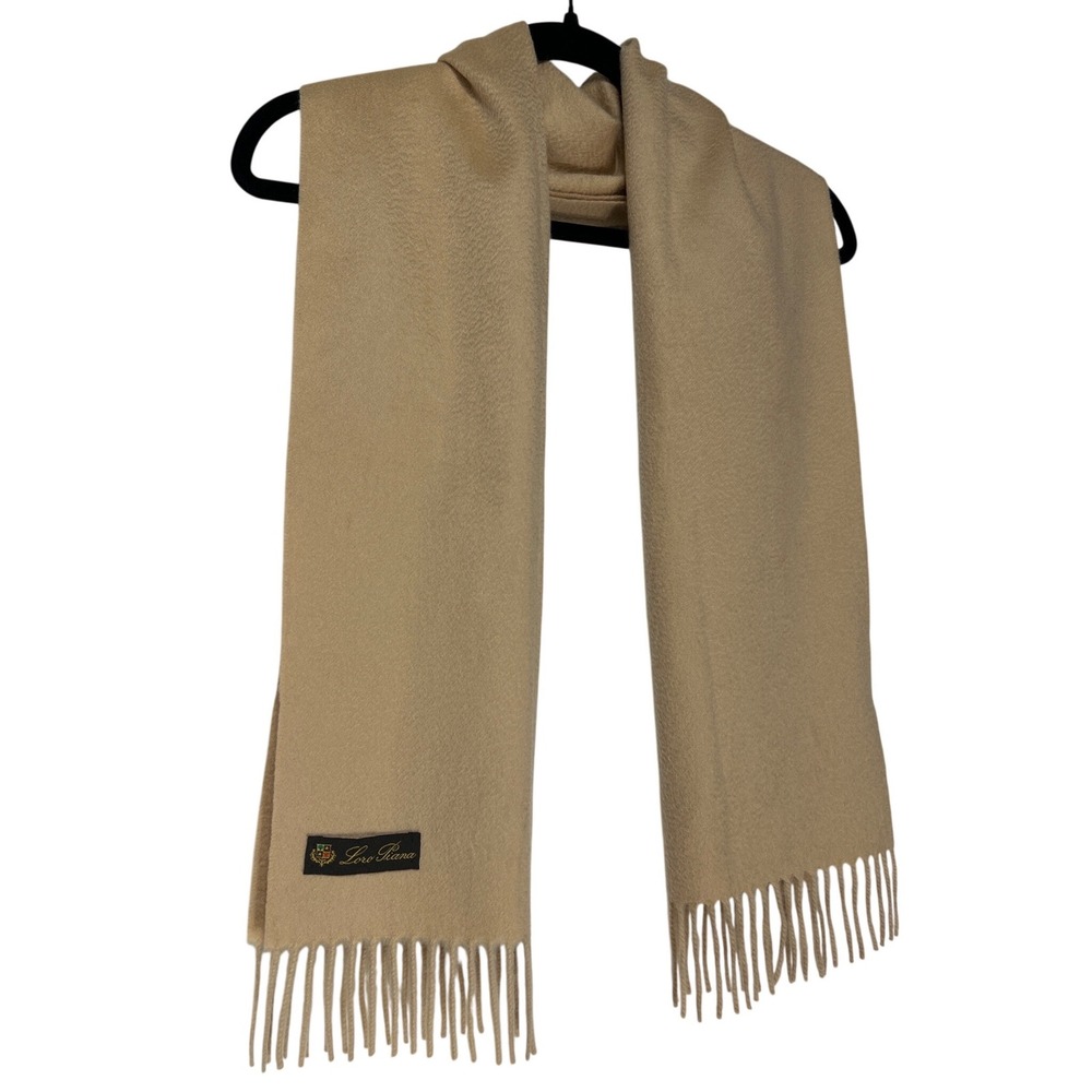 Loro Piana 100% Cashmere Made in Italy Fringed Scarf Tan Beige 54" Long 13" Wide